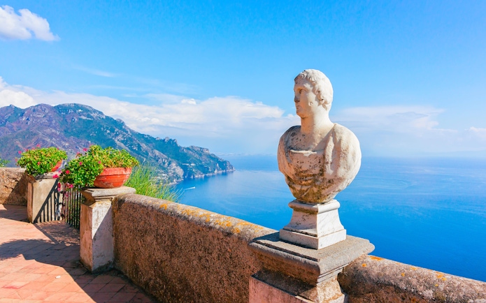 Bust statue overlooking Amalfi Coast from Terrace of Infinity, Ravello.