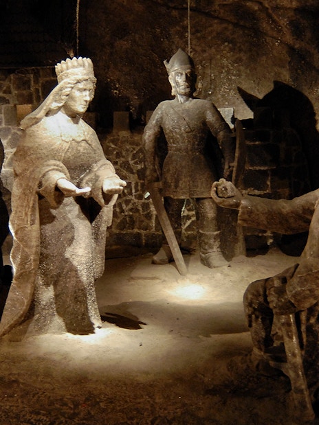 Salt sculptures depicting historical figures in Wieliczka Salt Mine, Poland.