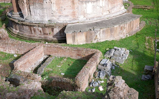 Largo di Torre Argentina ruins in Rome, featuring ancient brick walls and stone structures.