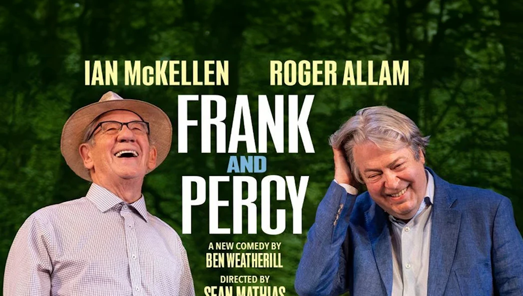 Frank and Percy comedy poster with two smiling men in front of a green background.