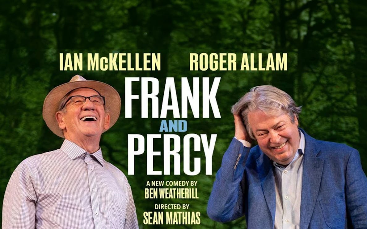 Frank and Percy comedy poster with two smiling men in front of a green background.