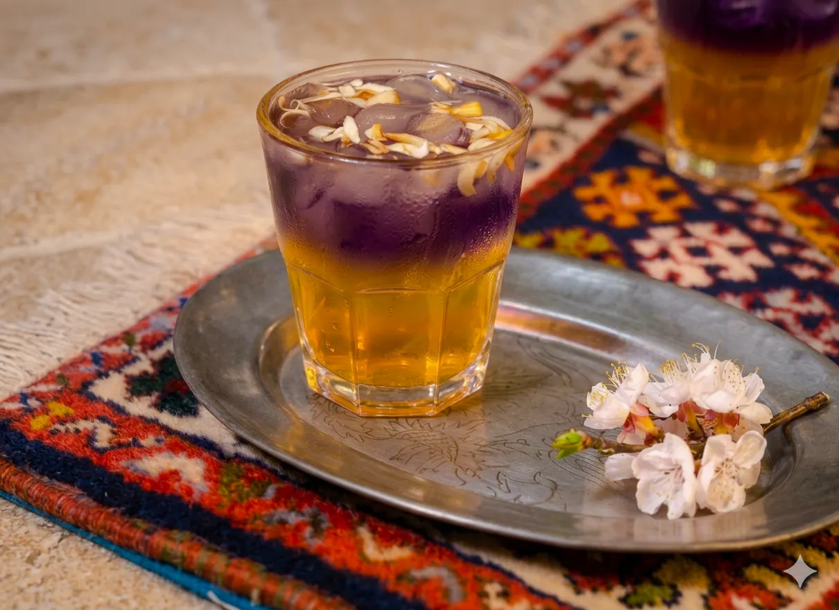 Traditional Moroccan tea on a silver tray with flowers, Marrakesh.