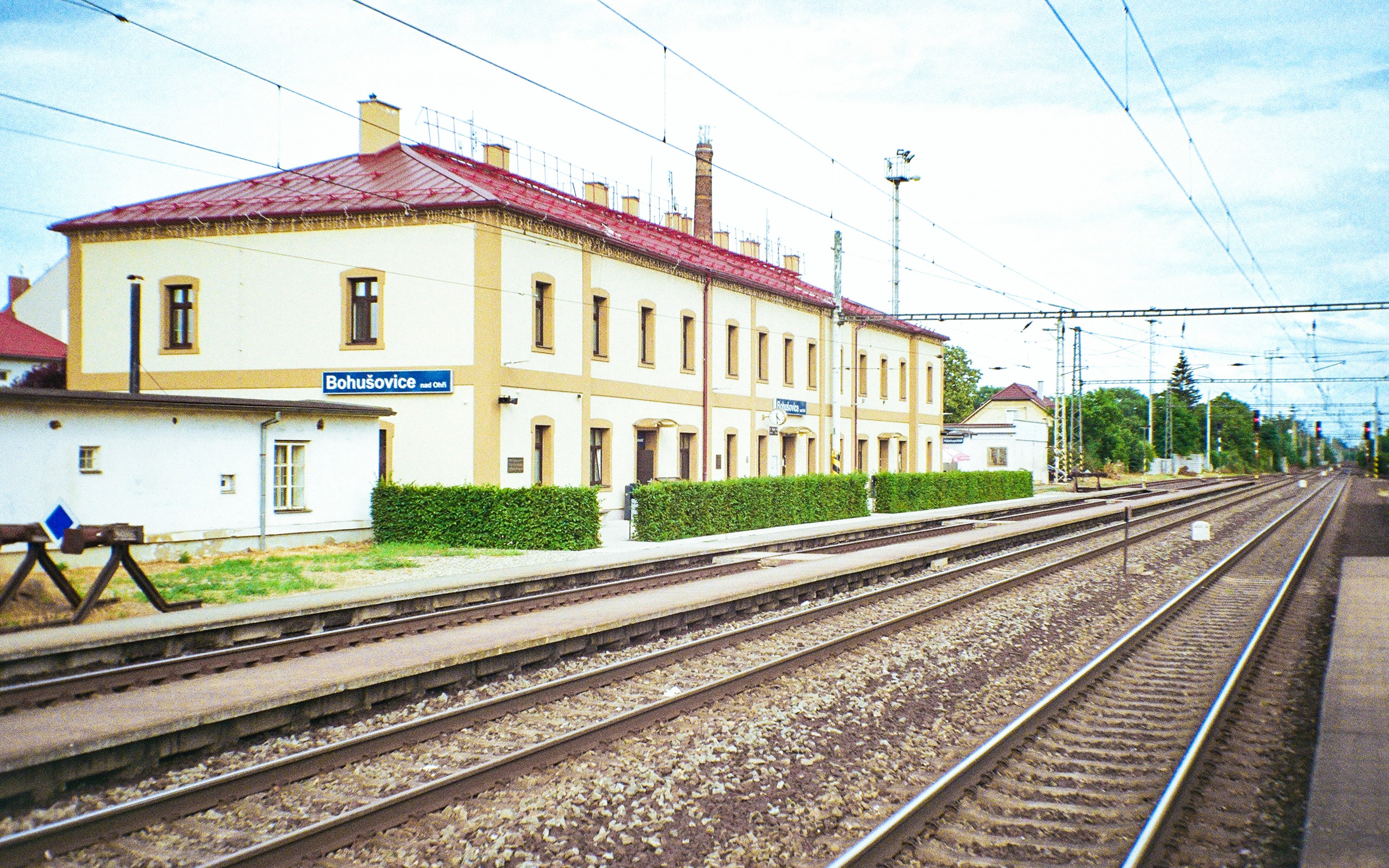 Train tracks and station building at Bohusovice, Czech Republic.
