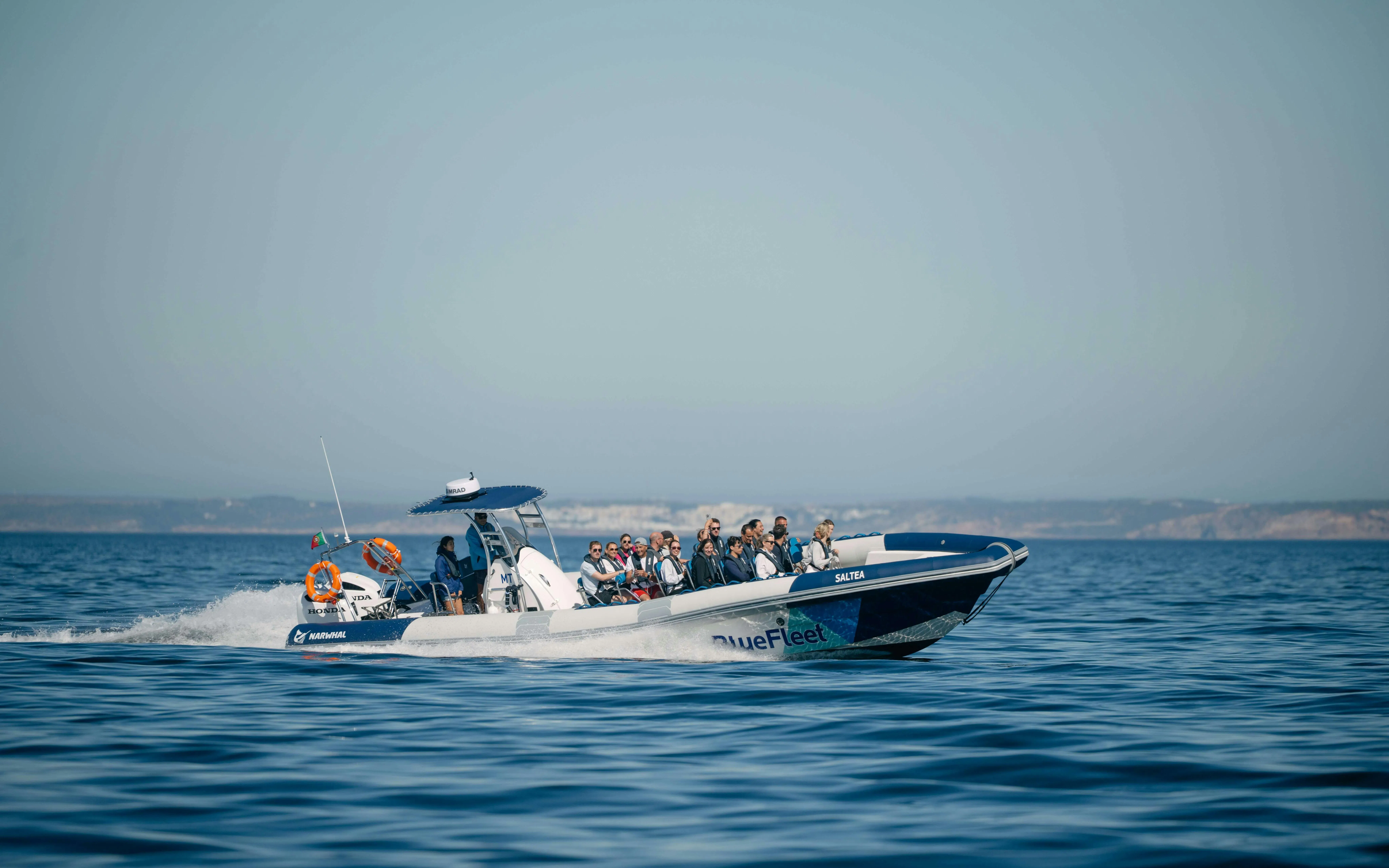 Tourists on a boat during a dolphin watching cruise from Lagos, Portugal.