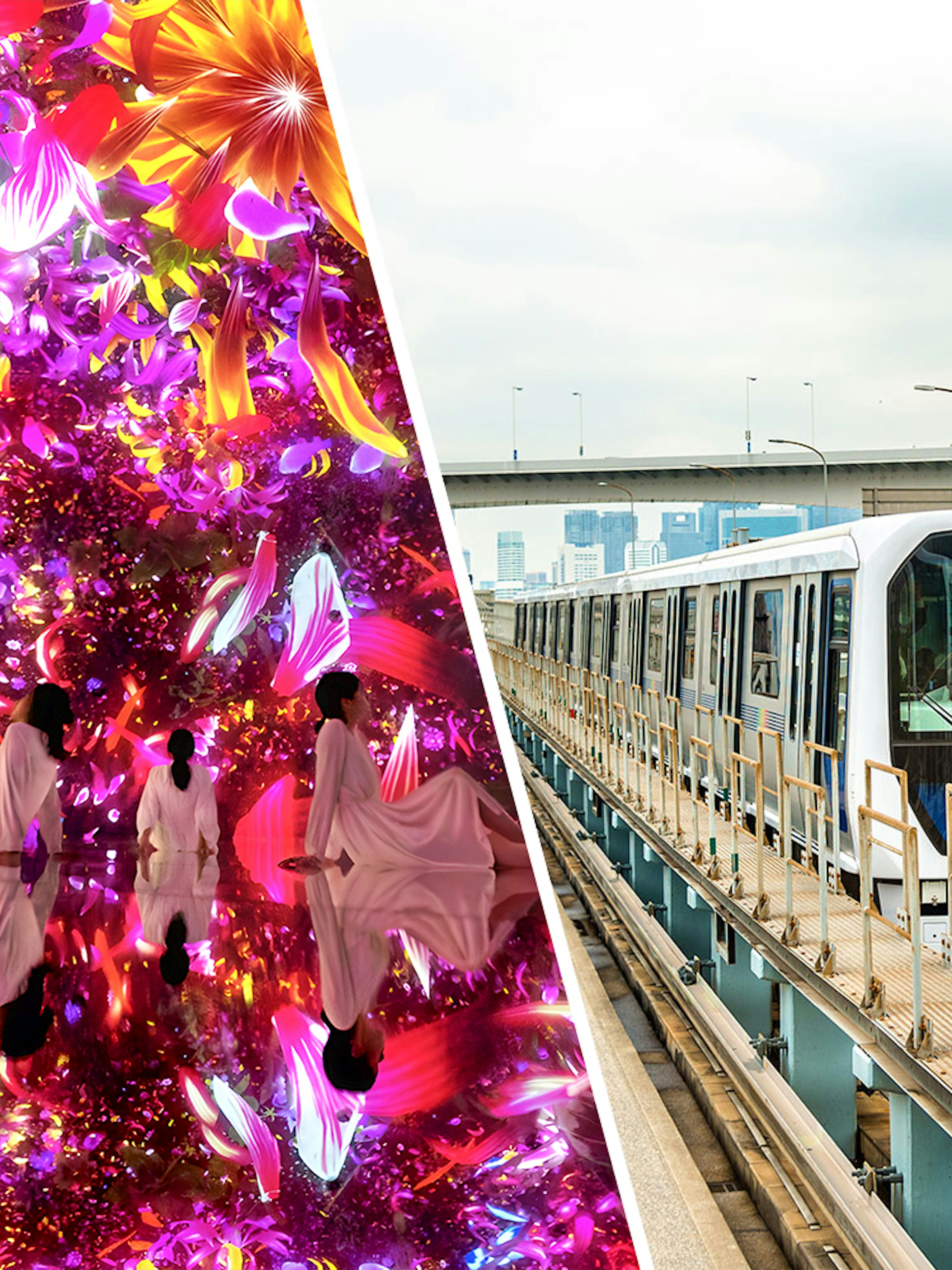 teamLab Planets Tokyo digital art exhibit and Tokyo subway train on elevated tracks.
