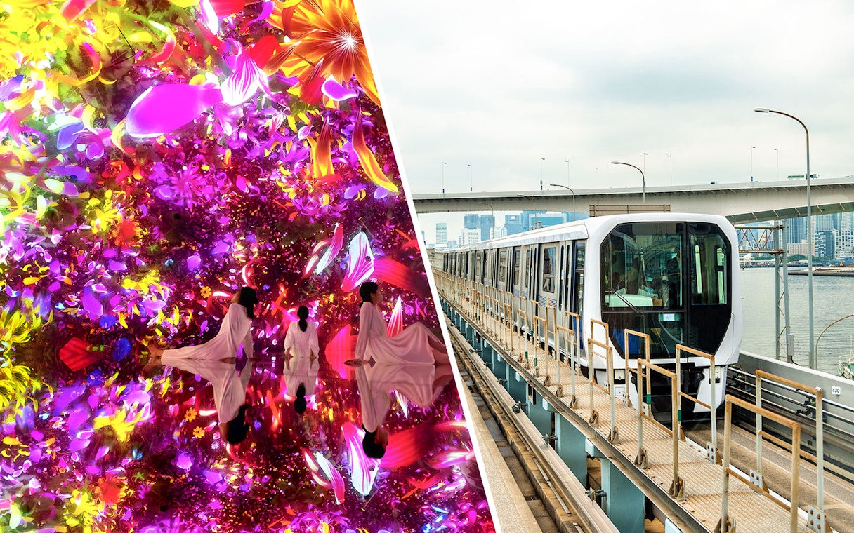 teamLab Planets Tokyo digital art exhibit and Tokyo subway train on elevated tracks.