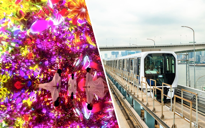 teamLab Planets Tokyo digital art exhibit and Tokyo subway train on elevated tracks.