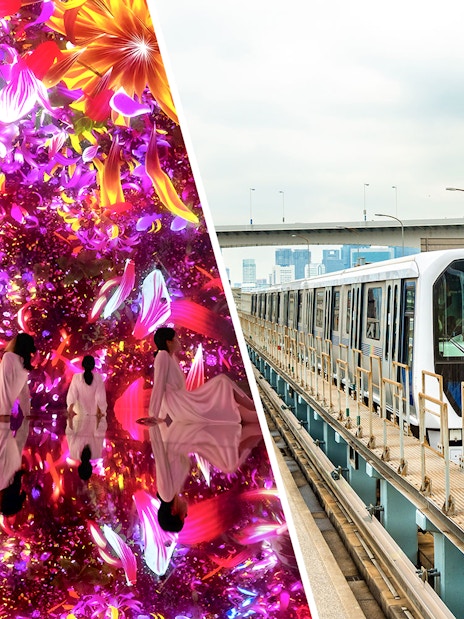 teamLab Planets Tokyo digital art exhibit and Tokyo subway train on elevated tracks.