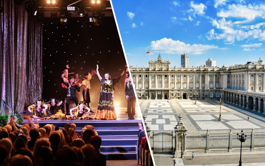 Flamenco dancers performing on stage and exterior view of the Royal Palace of Madrid.