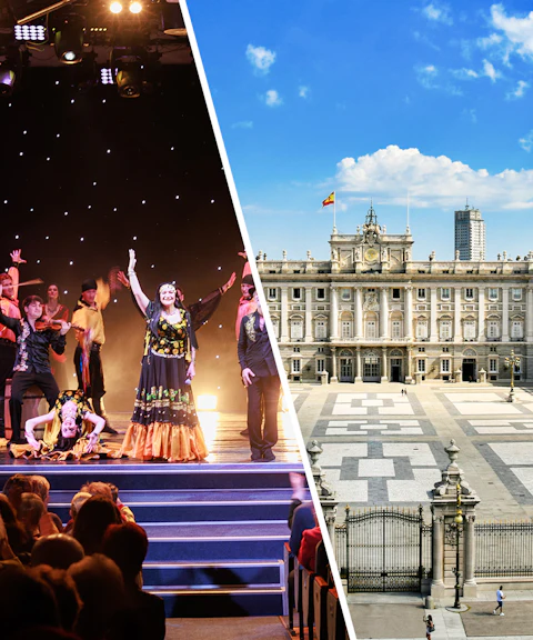 Flamenco dancers performing on stage and exterior view of the Royal Palace of Madrid.
