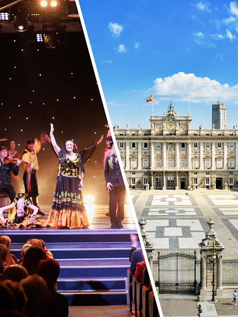Flamenco dancers performing on stage and exterior view of the Royal Palace of Madrid.