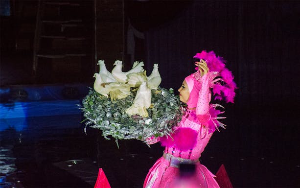 Performer with doves at Aqua Circus Phuket.