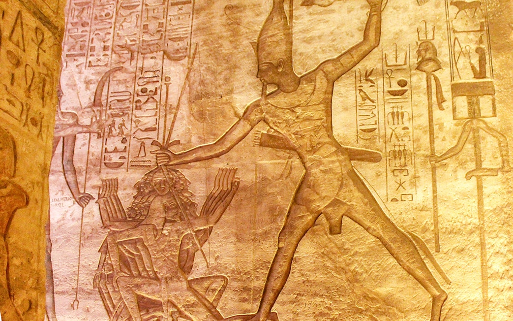 Ancient carvings on the wall of Abu Simbel Temple Complex, Egypt.