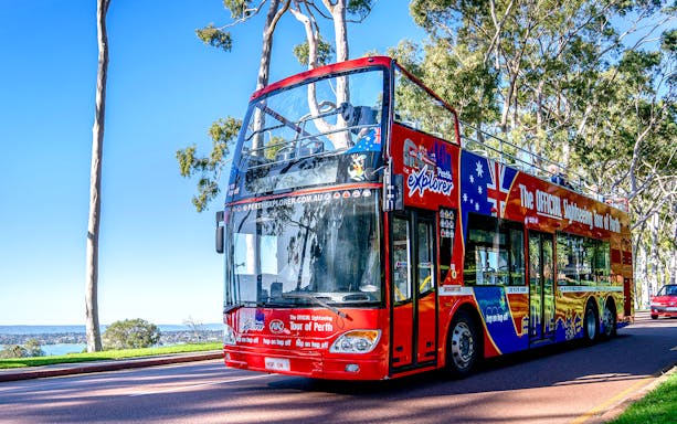 Red double-decker bus on Perth and Kings Hop-On Hop-Off tour with scenic background.