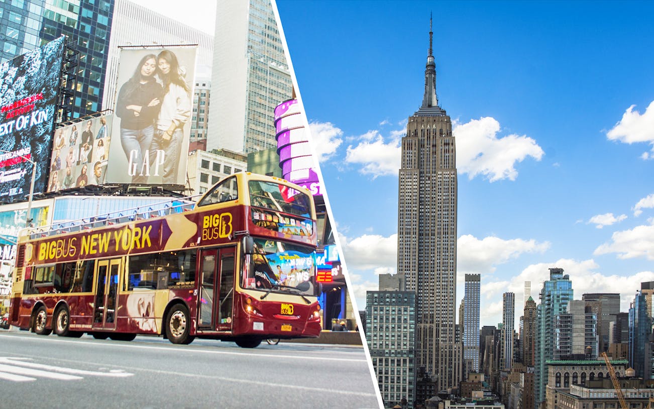 New York City hop-on hop-off bus in Times Square and Empire State Building skyline.