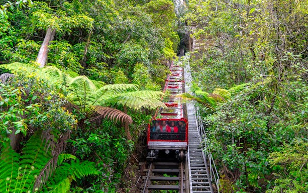 Railway descending through lush forest at Blue Mountains, Sydney.