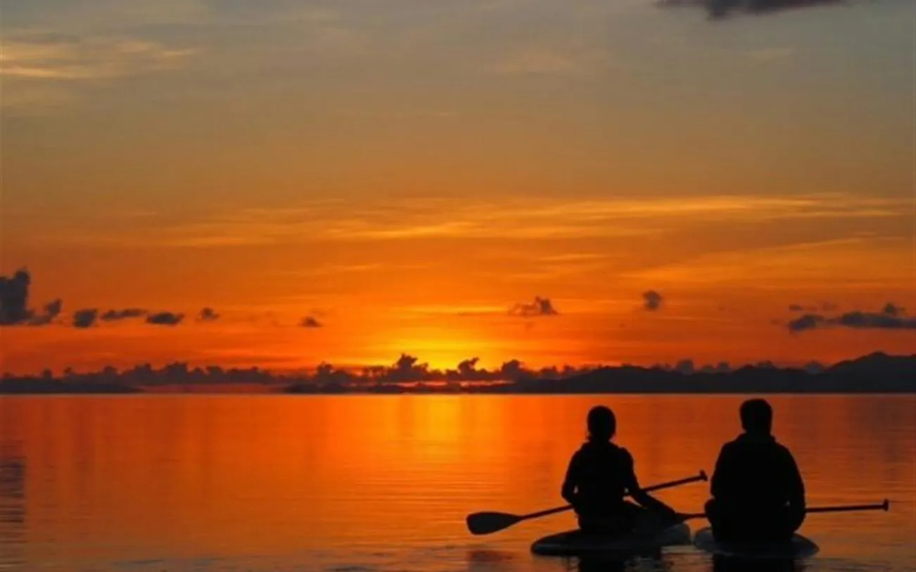 Paddlers on SUP boards at sunrise in Iriomote mangroves, Okinawa.