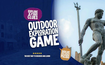 Outdoor exploration game poster with Neptune statue, Bologna.