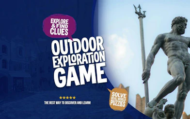 Outdoor exploration game poster with Neptune statue, Bologna.
