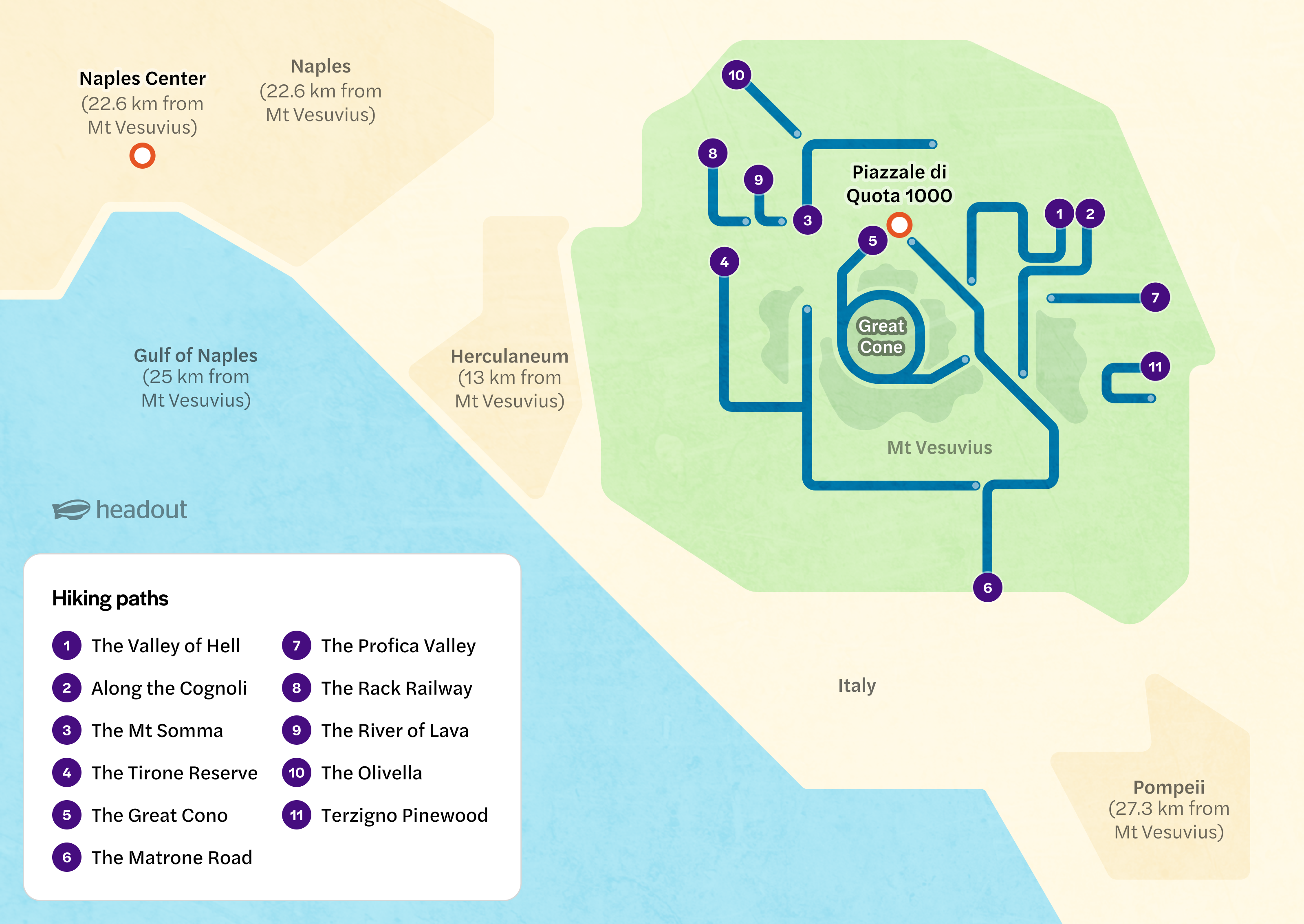 Map of hiking paths around Mt Vesuvius, including Great Cone and nearby cities.