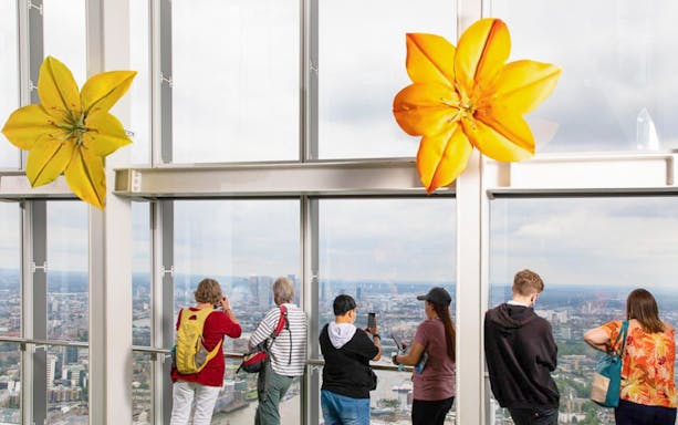 Visitors enjoying the London skyline from The Shard's observation deck.