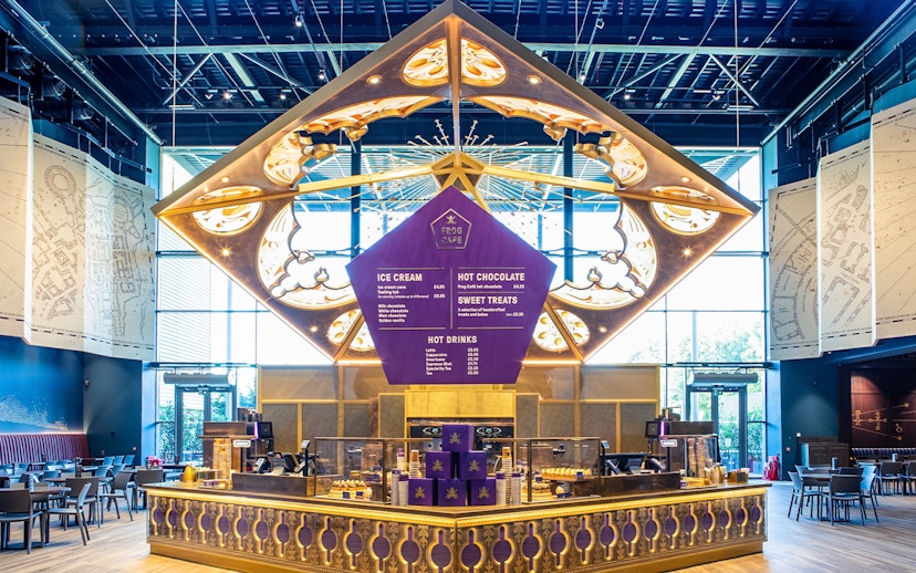 Frog Cafe interior with menu display during Harry Potter London tour.