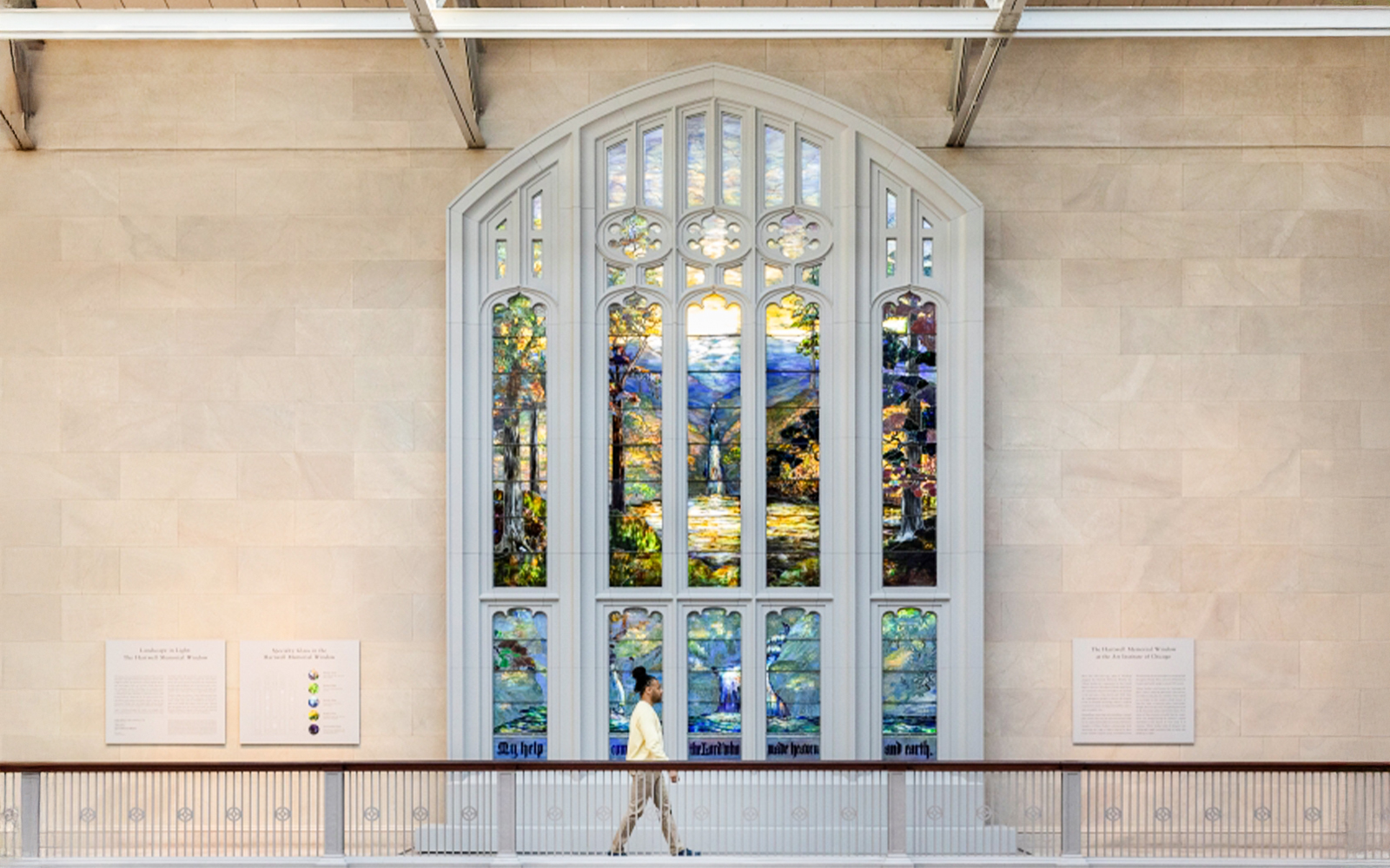 Hartwell Memorial Window at The Art Institute of Chicago, featuring vibrant stained glass landscape.