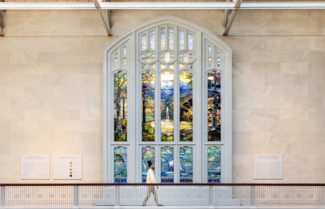 Hartwell Memorial Window at The Art Institute of Chicago, featuring vibrant stained glass landscape.