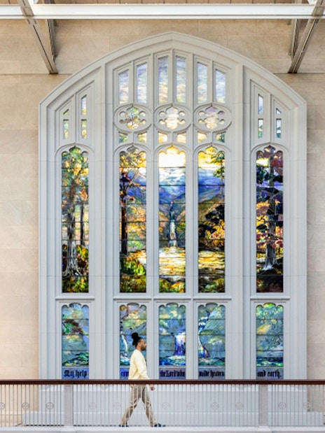 Hartwell Memorial Window at The Art Institute of Chicago, featuring vibrant stained glass landscape.