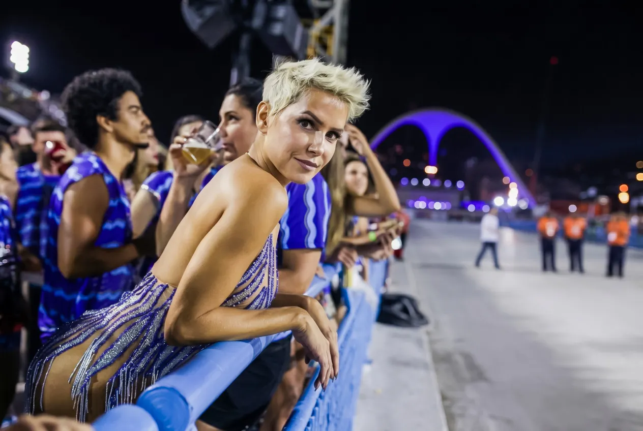 Carnival attendees at Sapucaí, Rio de Janeiro, enjoying the vibrant parade atmosphere.