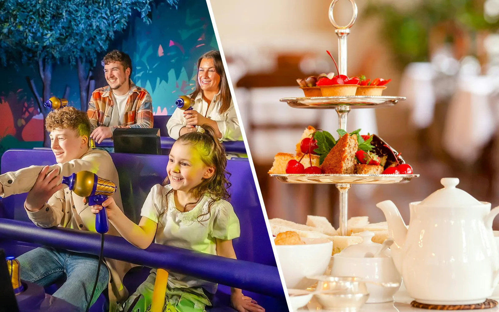 Visitors enjoying interactive ride and afternoon tea at Cadbury World Chocolate Quest experience.