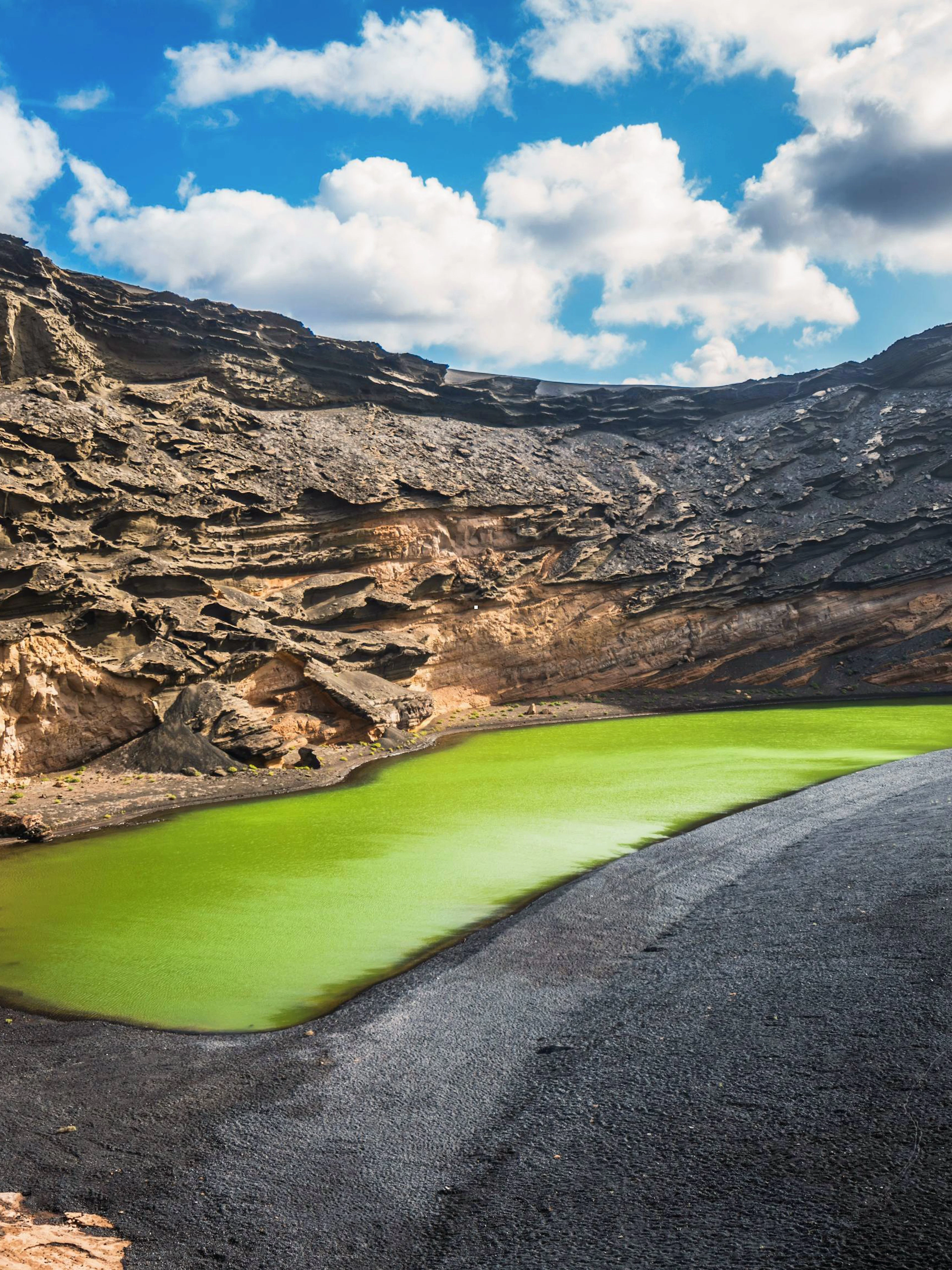 Charco de los Clicos green lagoon with volcanic cliffs, Lanzarote, Canary Islands, Spain.