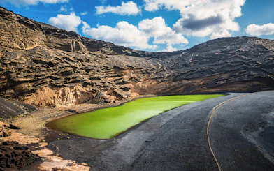 Charco de los Clicos green lagoon with volcanic cliffs, Lanzarote, Canary Islands, Spain.