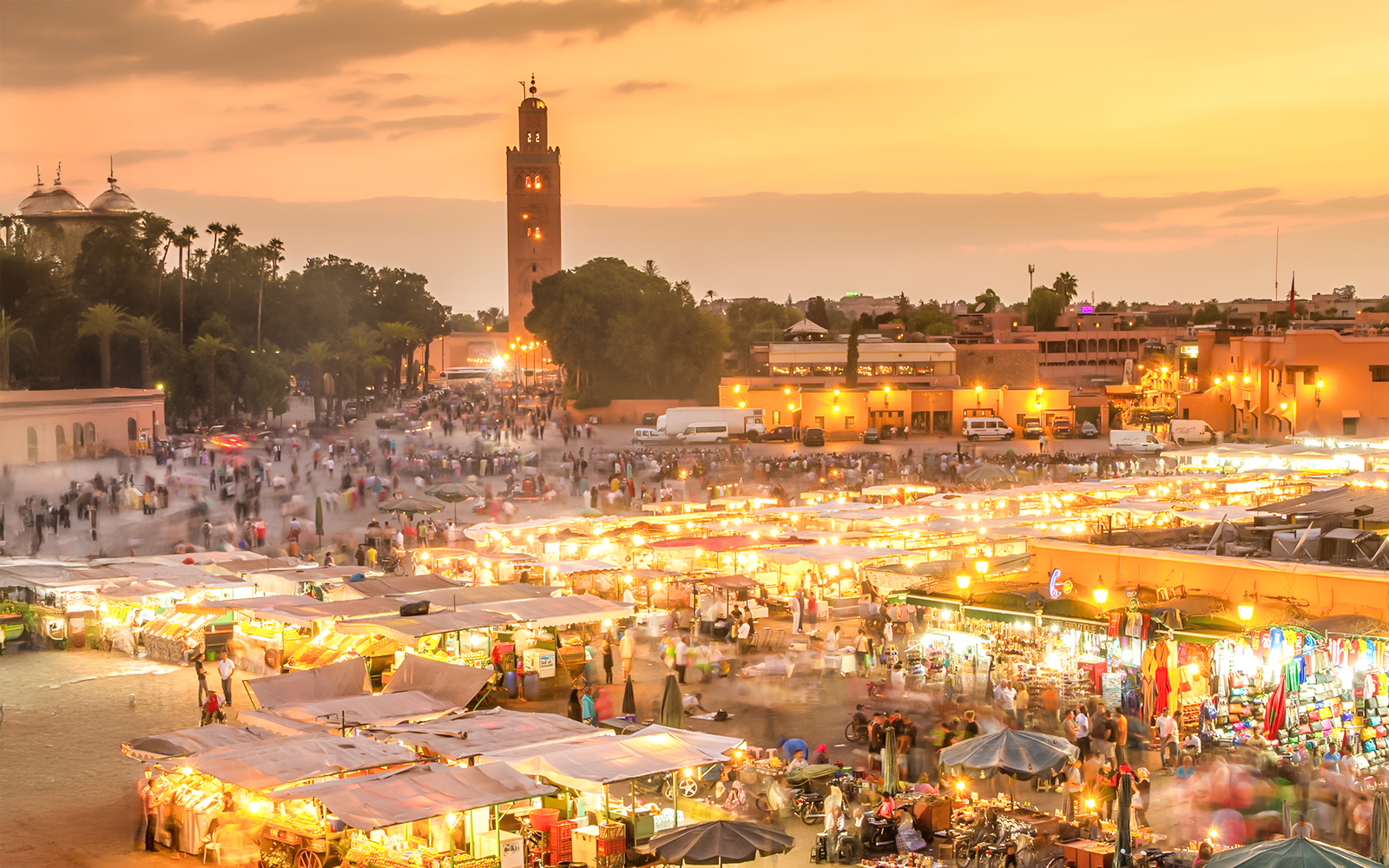 Jema el Fna square in Marrakesh bustling with night market activity.