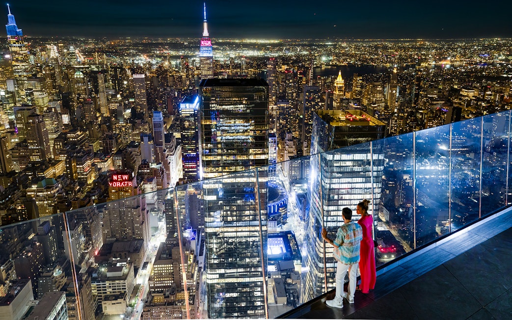 Night view of New York City skyline from Edge Observation Deck.