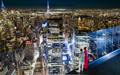 Night view of New York City skyline from Edge Observation Deck.