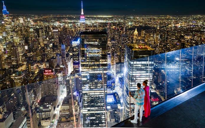 Night view of New York City skyline from Edge Observation Deck.