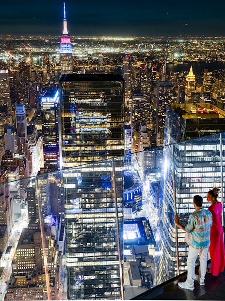 Night view of New York City skyline from Edge Observation Deck.