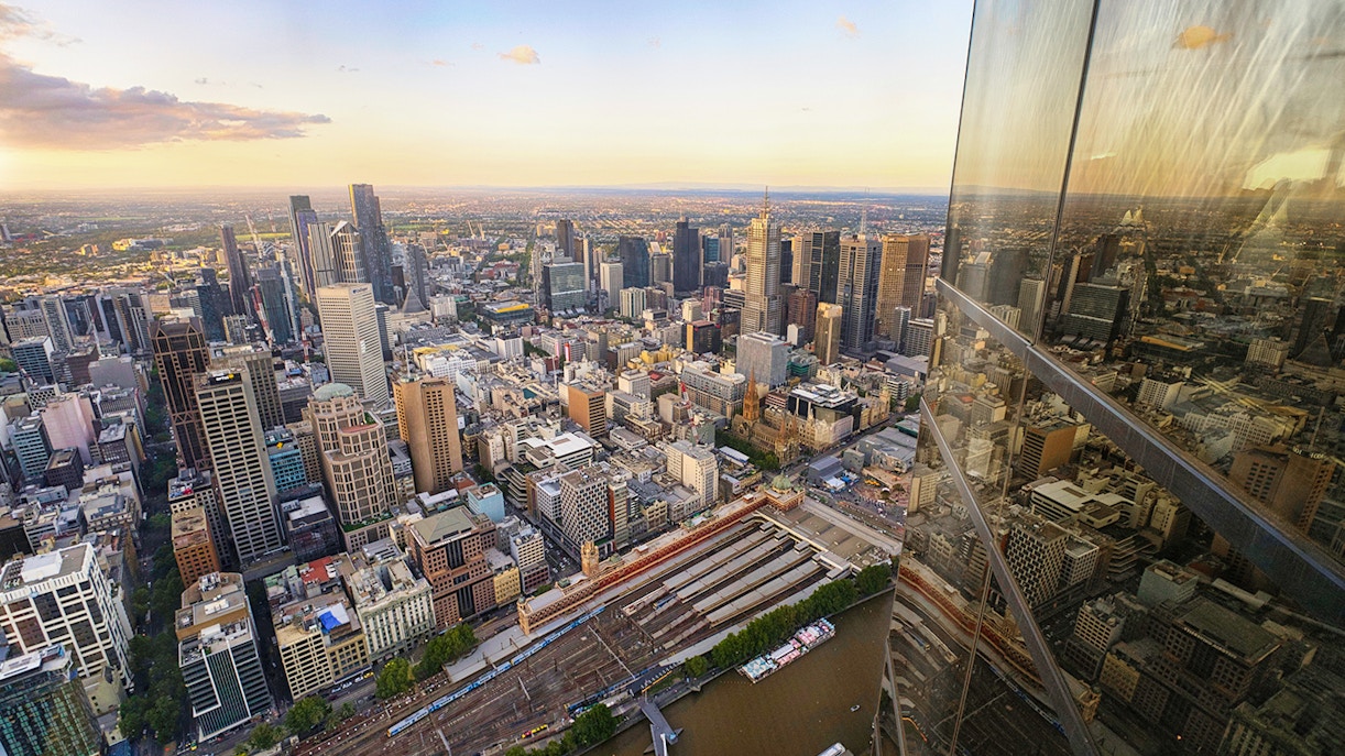 Aerial view of Melbourne cityscape from the Skydeck with reflections on glass.