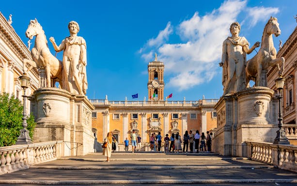 Capitoline Hill stairs with statues, Rome, part of Roman Empire Guided Walking Tour.