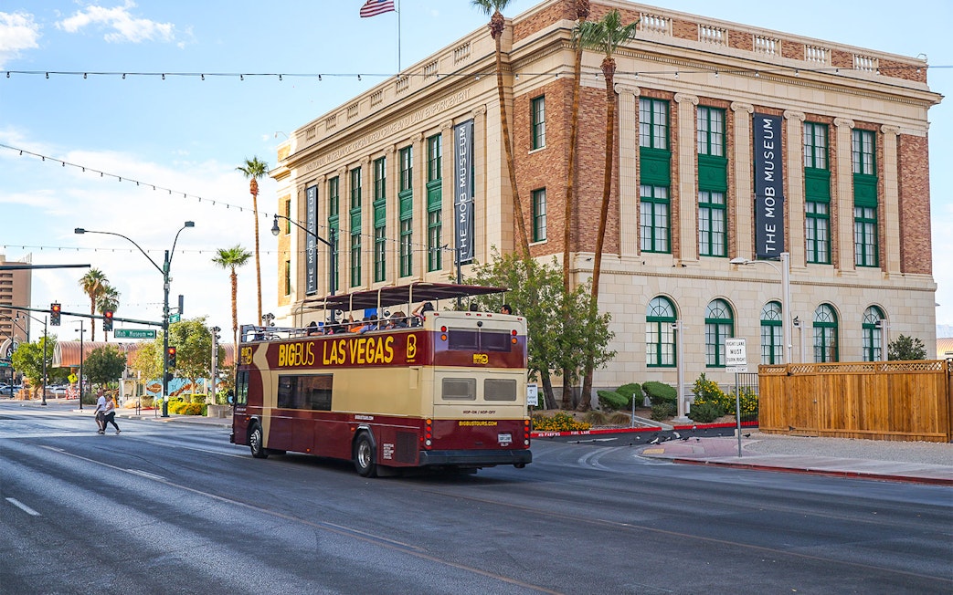 Las Vegas hop-on hop-off bus passing the Mob Museum.
