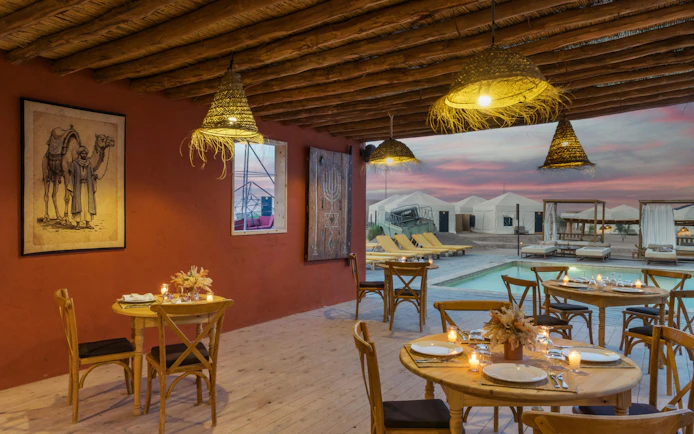 From Marrakesh: Sunset Agafay Desert Luxury Camp Experience with 3-Course Dinner, Pool Access & Dinner Show