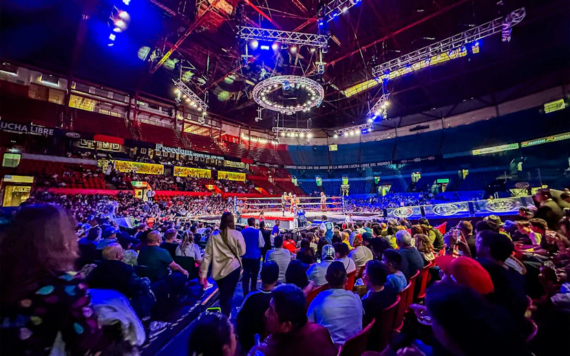 Crowd watching a Lucha Libre wrestling match at Arena Mexico.
