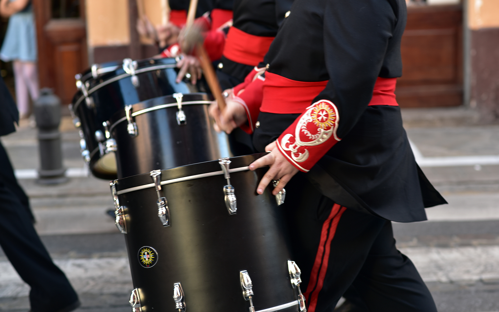 Street band drumming during Holy Week in Granada, Spain.