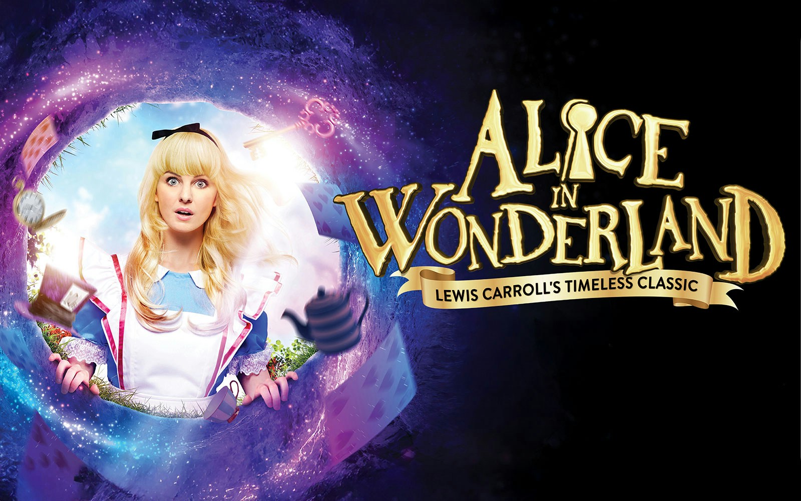 Alice in Wonderland stage show with vibrant costumes and whimsical set design.