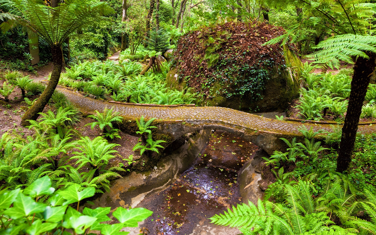 Stone bridge over stream in lush greenery at Park of Pena National Palace, Sintra.
