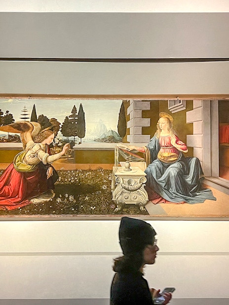 Annunciation painting by Leonardo da Vinci at Uffizi Gallery, Florence.