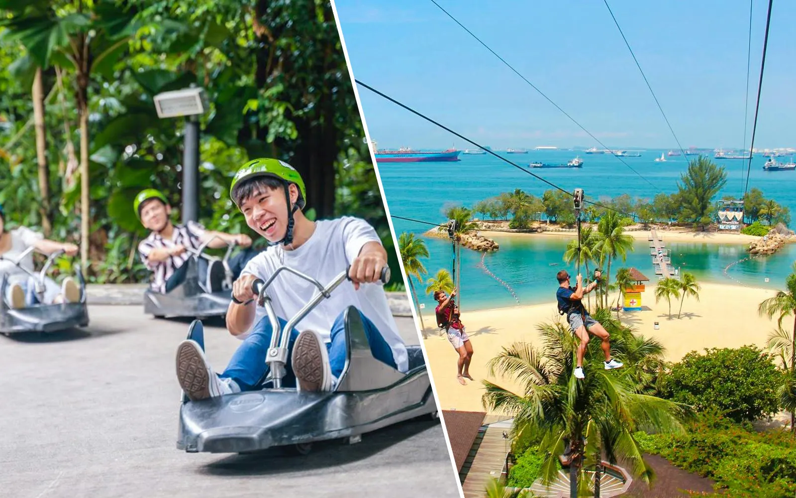 Luge riders in Singapore with zipline over beach at Mega Adventure Park.