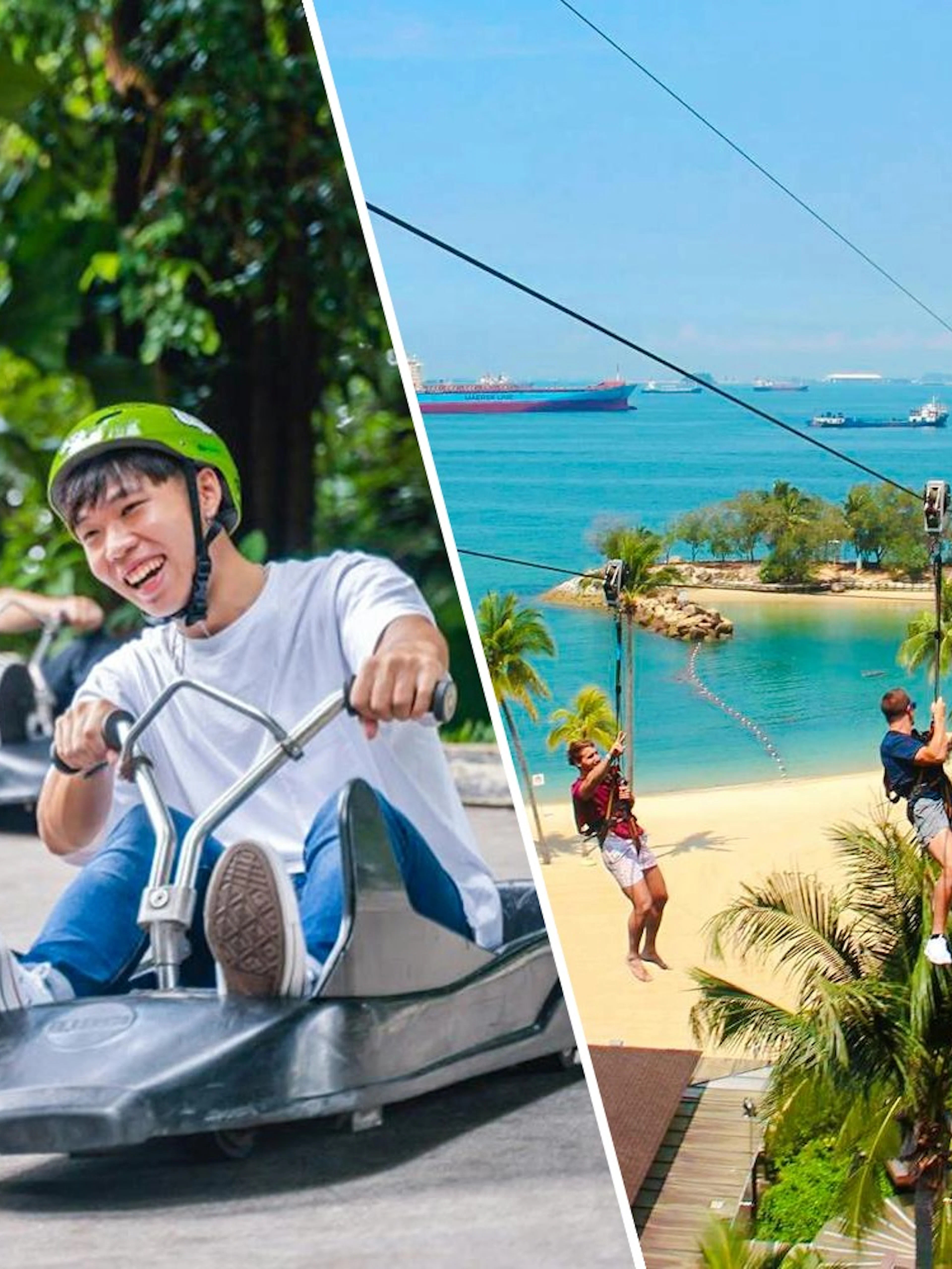 Luge riders in Singapore with zipline over beach at Mega Adventure Park.