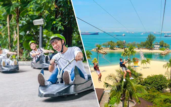 Luge riders in Singapore with zipline over beach at Mega Adventure Park.